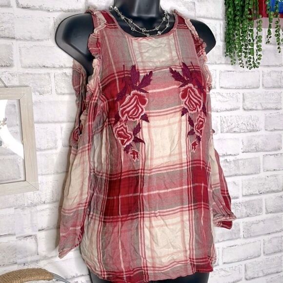 Blue Rain Cold Shoulder Flannel Plaid Shirt Floral Embroidery Size XS - Picture 1 of 6